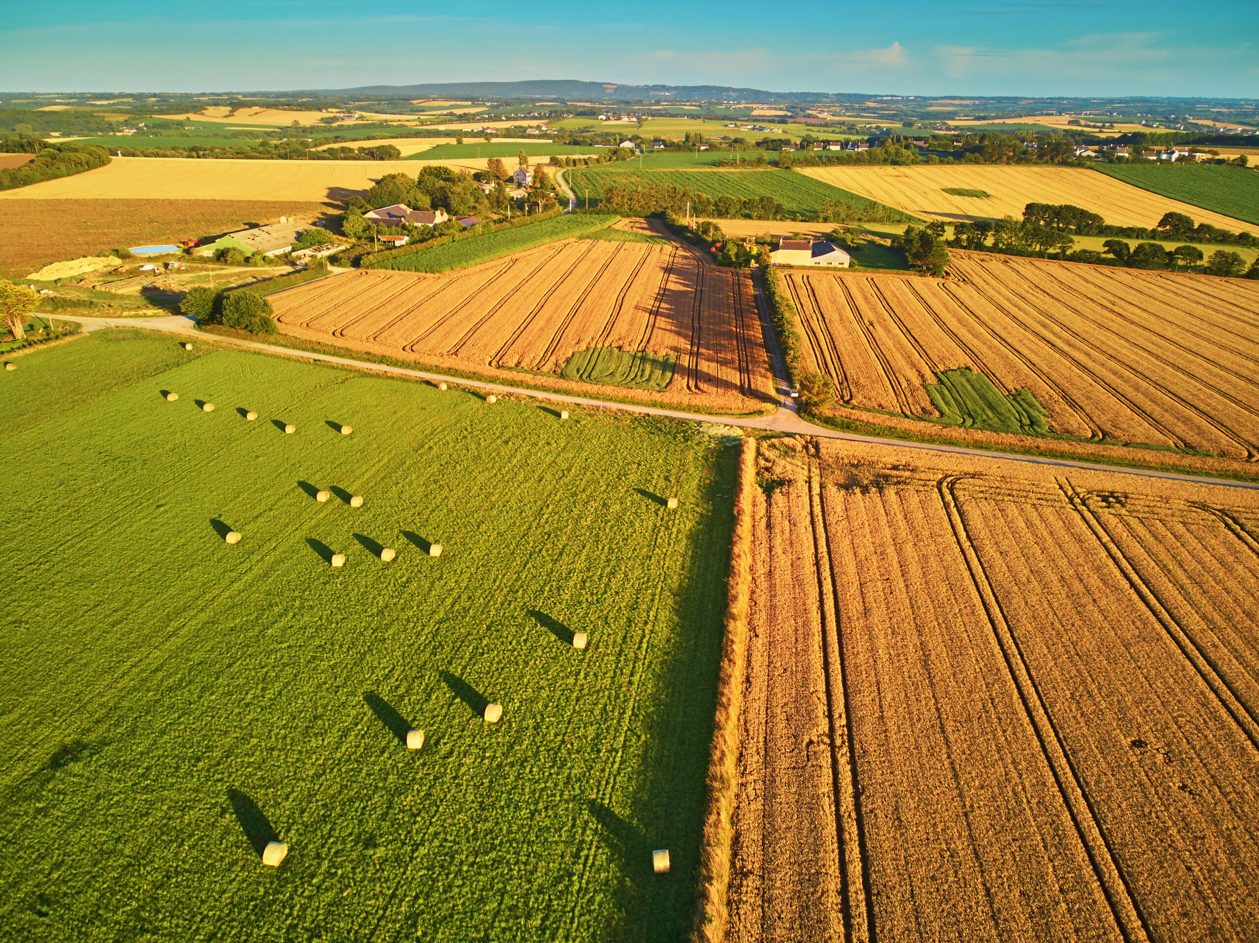 Aerial view of pastures and farmlands in Brittany, France