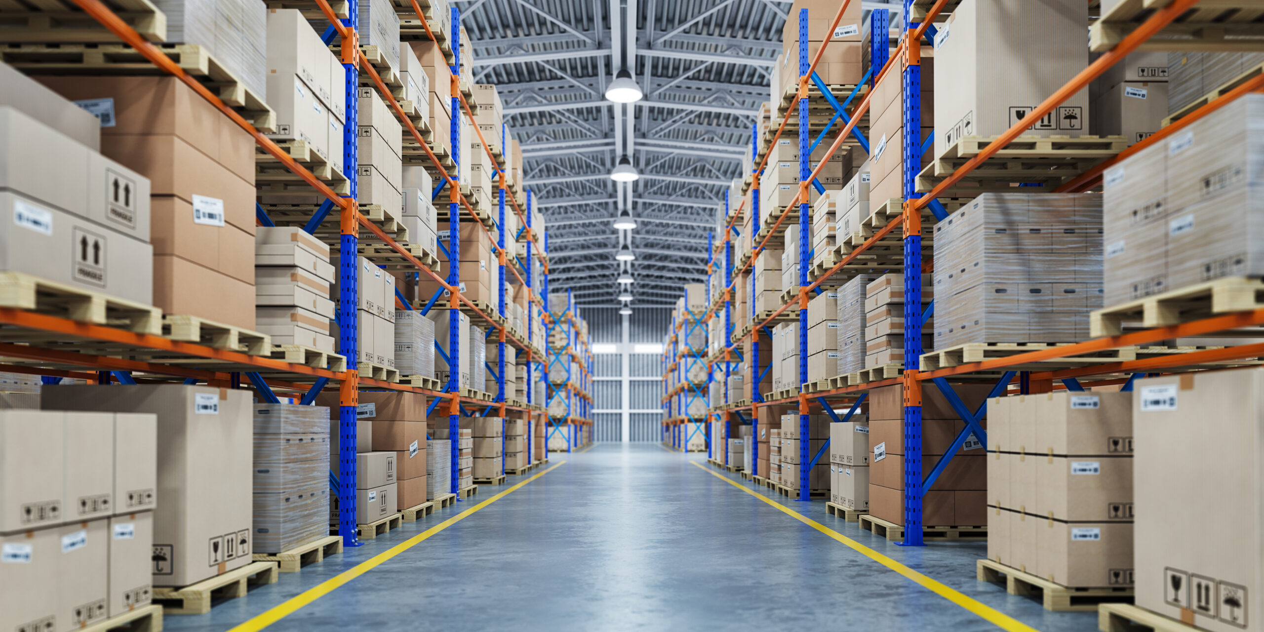 Warehouse or storage and shelves with cardboard boxes Industrial background