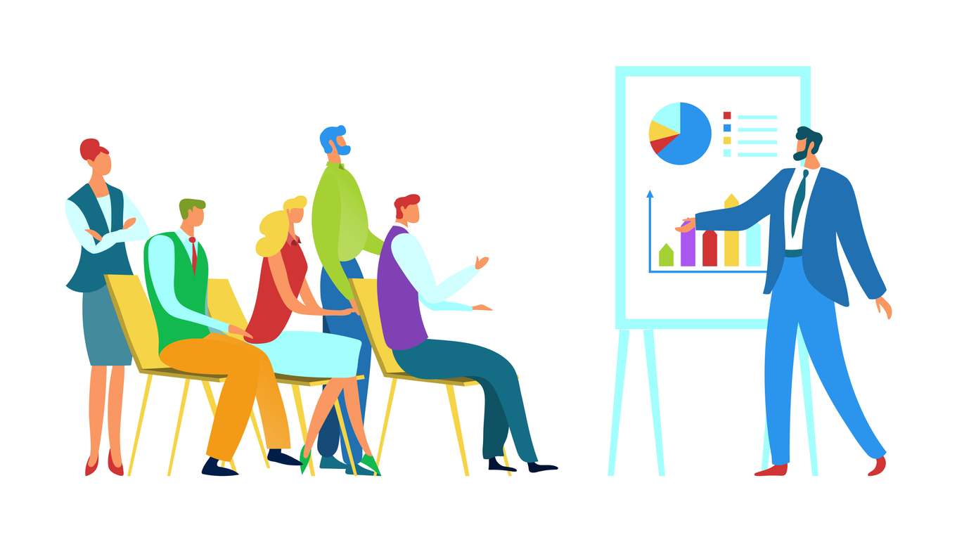 Meeting business training concept vector illustration Group people receive vocational education Speaker gives lecture for team