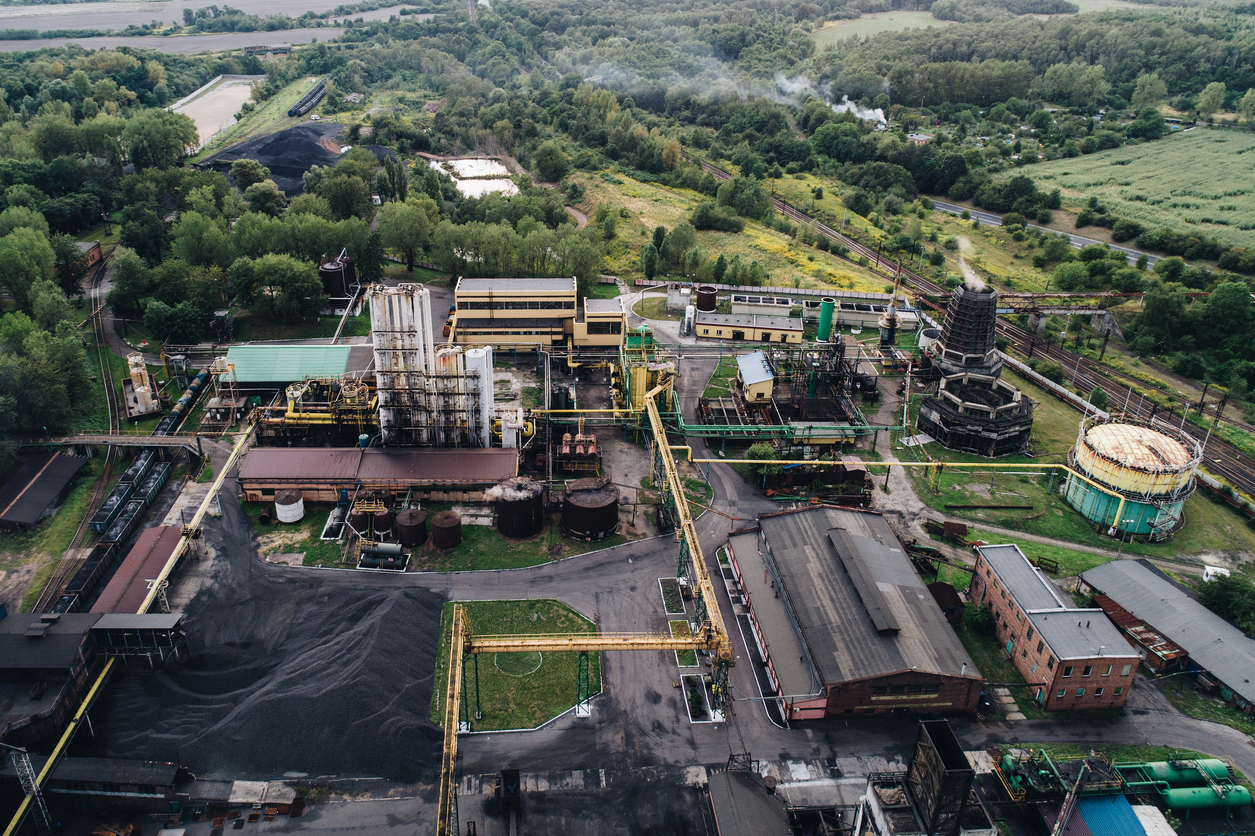 Industrial zone Aerial view on old working cooking plant