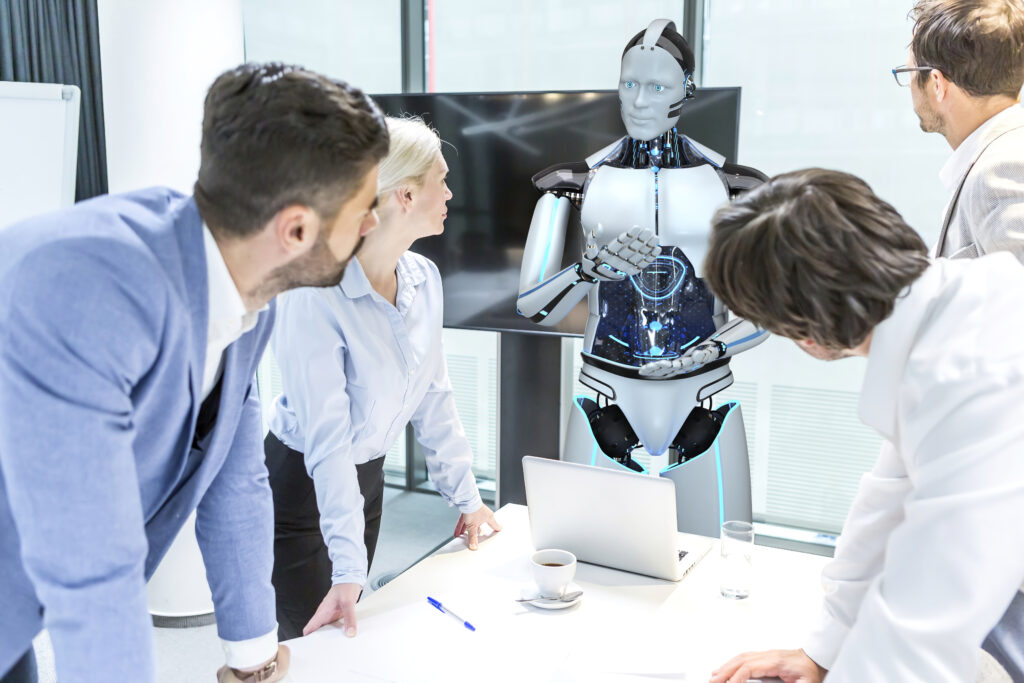 Business meeting with a humanoid robot